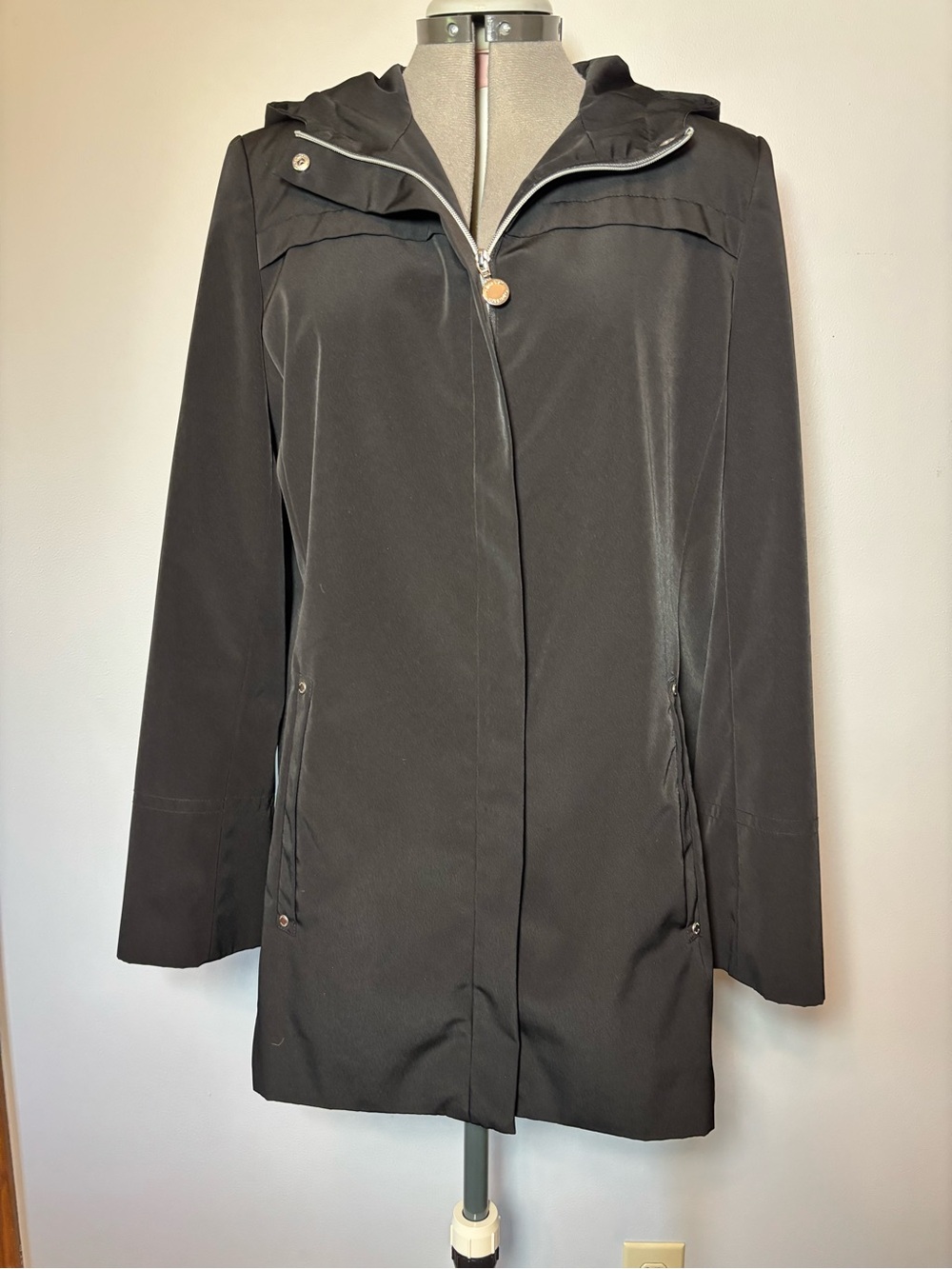 Calvin Klein Black Hooded Trench Coat - medium.